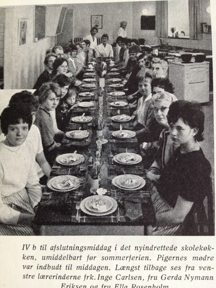 Skolekøkkenet 1962
frivillig undervisning i madlavning.
frk Inge Carlsen - fru Gerdas Nymann Eriksen og fru Ella Rosenholm
Hvem er pigerne genkender du ??